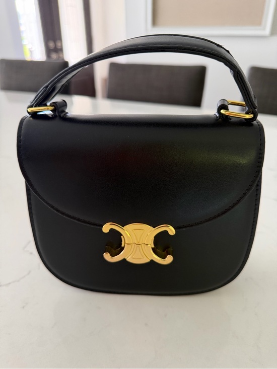 Handbags - Black Leather Top-Handle Bag with Gold Accent